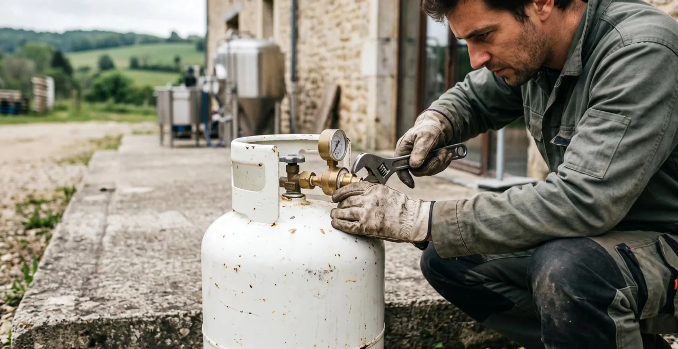 Un technicien contrôle le robinet et le détendeur d'une citerne de propane posée sur une dalle en béton.