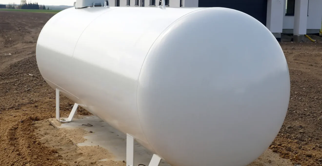 Un technicien contrôle le robinet et le détendeur d'une citerne de propane posée sur une dalle en béton.