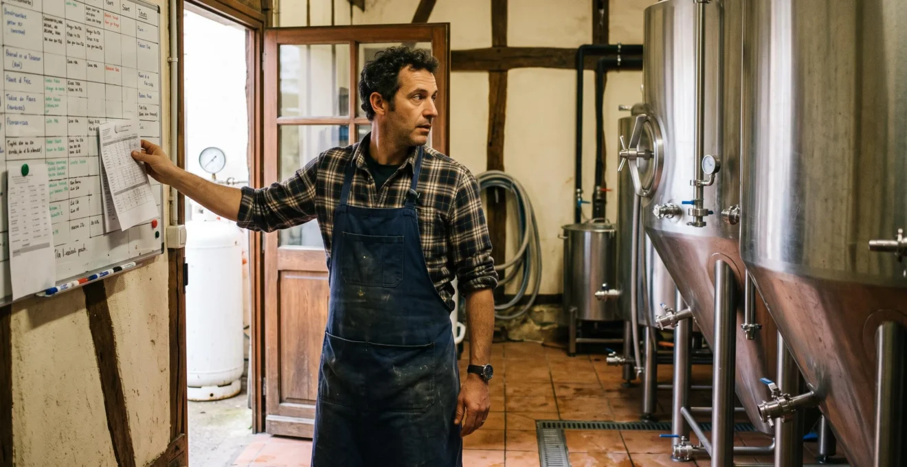 Le gérant d'une brasserie vérifie le niveau de sa citerne de propane depuis l'intérieur de sa salle de brassage.