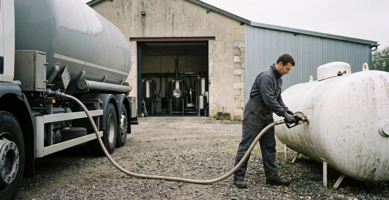 Un livreur raccorde un tuyau de camion-citerne à une citerne de propane installée derrière une brasserie indépendante en zone rurale.